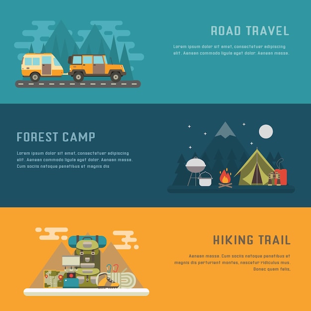 Camping, hiking and trailering concept background with place for text. Campground, RV camper on road travel and mountain hiking concept banner templates.