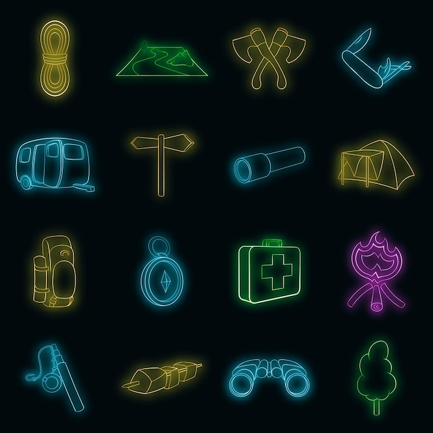 Camping icons set in neon style. Camping equipment set collection vector illustration