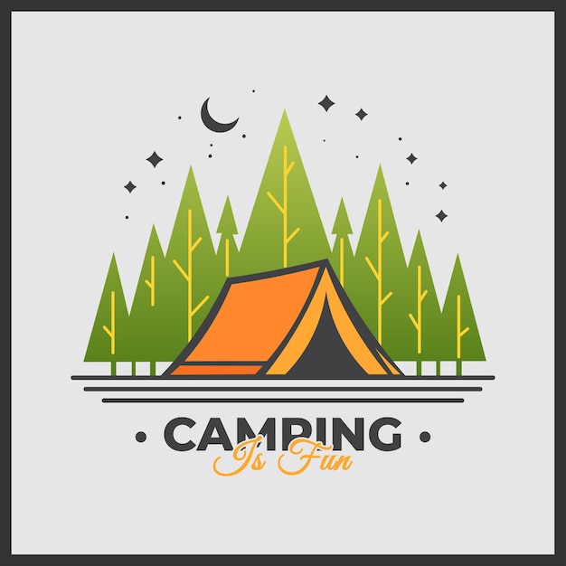 Camping is fun Vector Illustration with Tent Pine Tree Mountain Moon Cloud Stars Forests