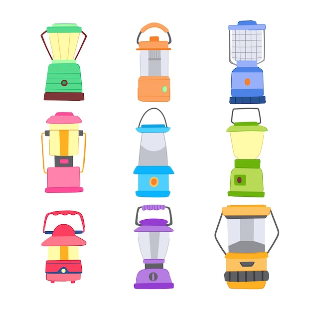 Camping lamp set cartoon vector illustration