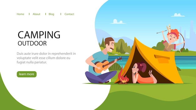 Camping landing Kids on vacation outdoor relax family father playing on guitar spend time with kids near campfire swanky vector cartoon web page template of outdoor summer vacation camp illustration