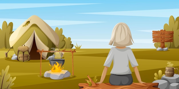 Camping landscape a girl is sitting on a log view from the back tourist tent bonfire cauldron