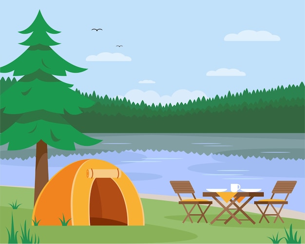 Camping landscape with lake and tent Tourist camp