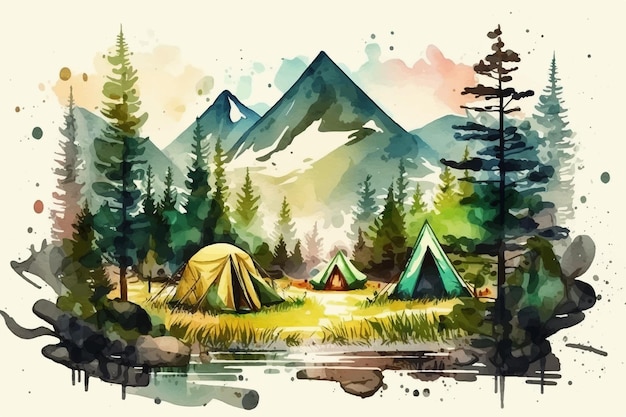 Camping landscape with mountains background Watercolor vector illustration