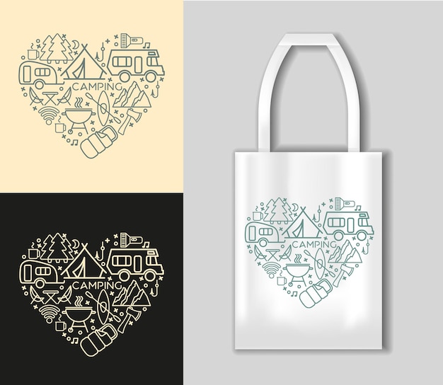 Vector camping line icons set vector illustration in the heart shape camping concept with tote bag mockup