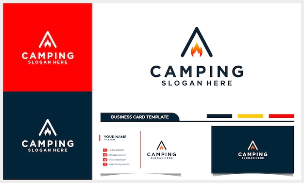 Camping logo design with abstract tent and fire concept with business card template