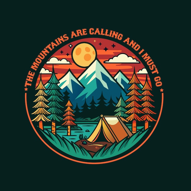 Camping logo t shirt design with a tent mountains and forest Vector illustration