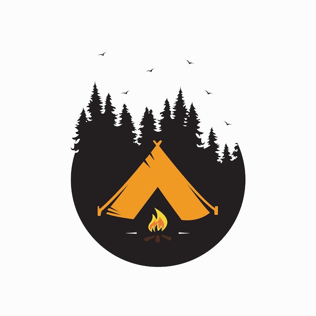 Camping logo vector illustrations. Camping icon with campfire and pinetree.