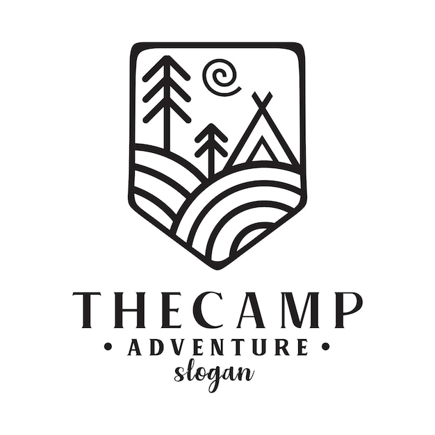 camping logos consisting of mountain camp and trees line style isolated for explore emblem