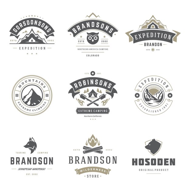 Camping logos design templates vector elements and silhouettes set