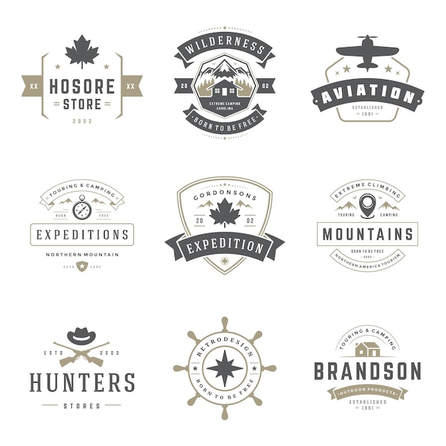 Camping logos design templates vector elements and silhouettes set