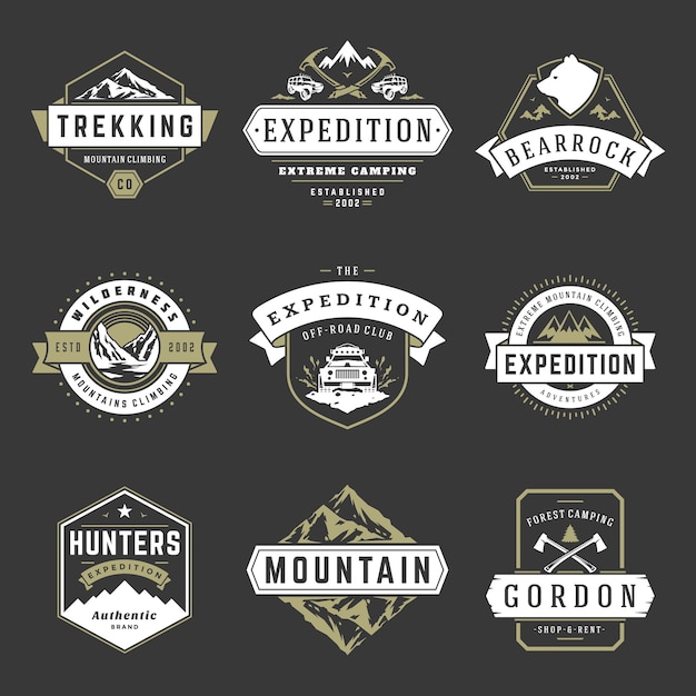 Camping logos design templates vector elements and silhouettes set