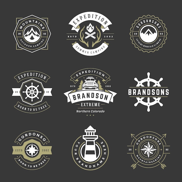 Camping logos templates vector design elements and silhouettes set