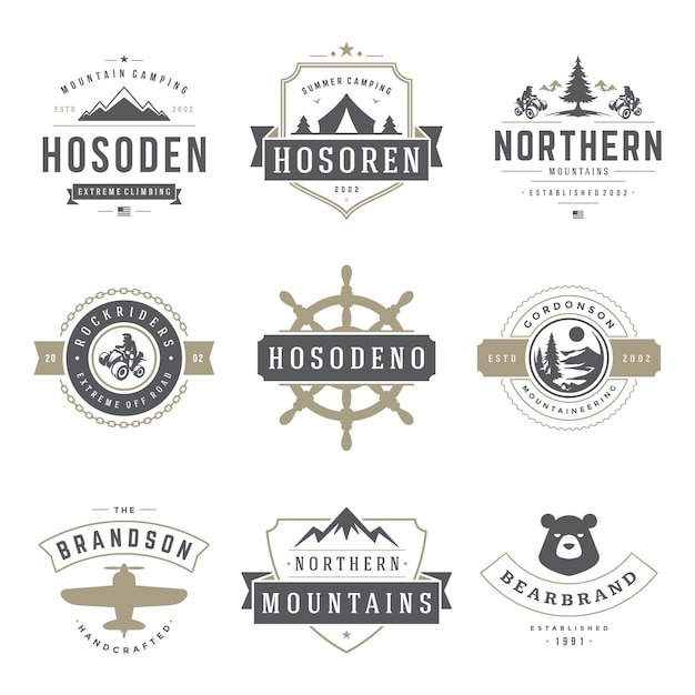 Camping logos templates vector design elements and silhouettes set