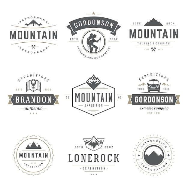 Camping logos templates vector design elements and silhouettes set