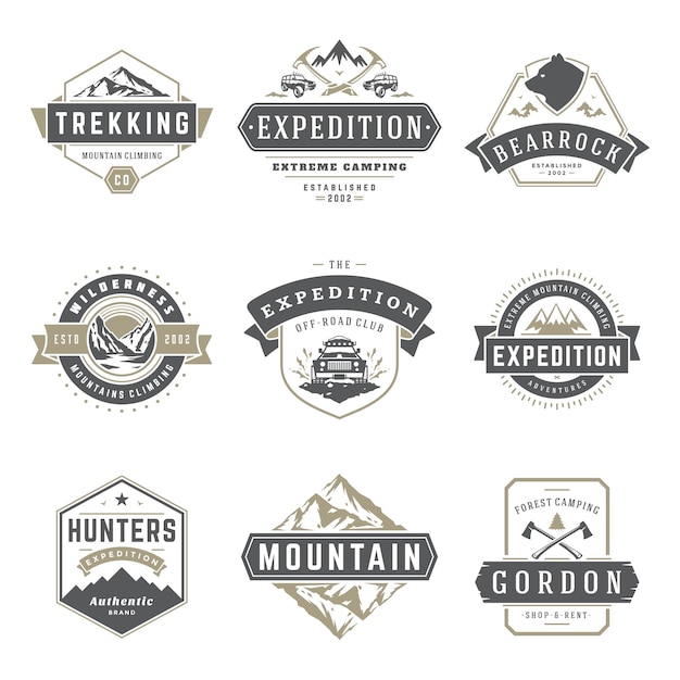 Camping logos templates vector design elements and silhouettes set