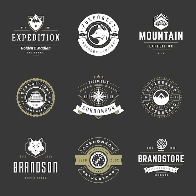 Camping logos templates vector design elements and silhouettes set