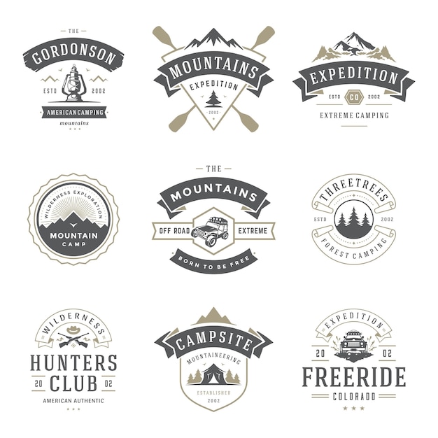 Camping logos templates vector design elements and silhouettes set