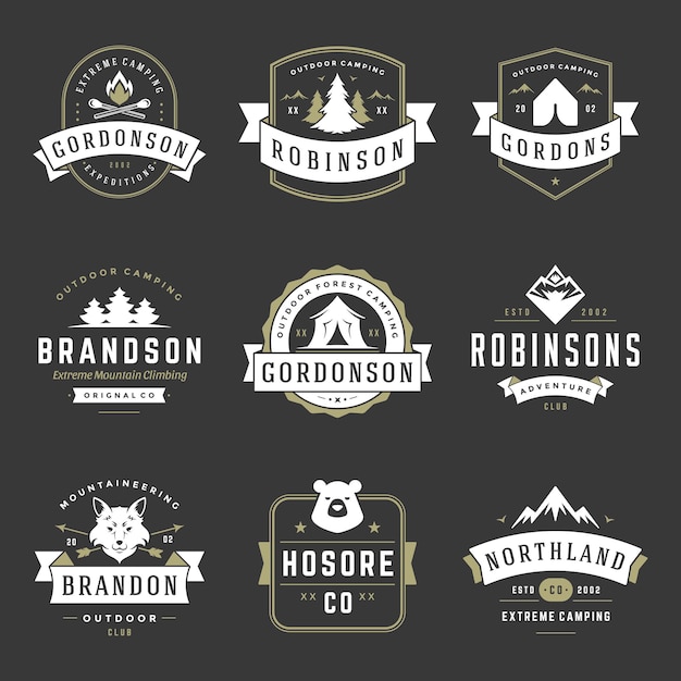 Camping logos templates vector design elements and silhouettes set