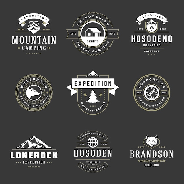 Camping logos templates vector design elements and silhouettes set