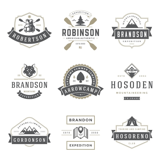 Camping logos templates vector design elements and silhouettes set