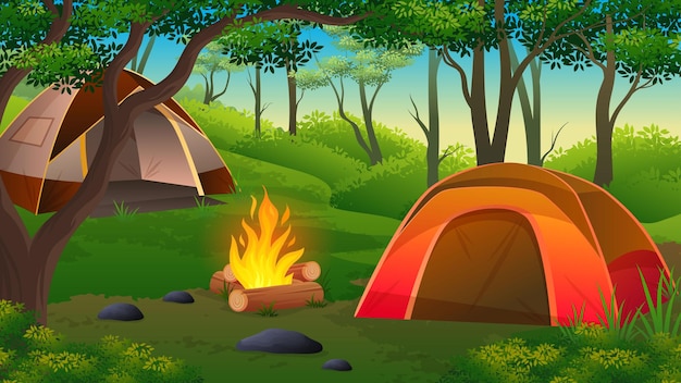 Camping Under the lush tree at night with different tent, lights campfire, trees, cartoon landscape