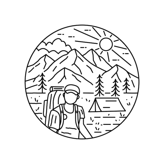 Camping man in a mountainous forest in mono line art badge patch pin graphic illustration vector art tshirt design