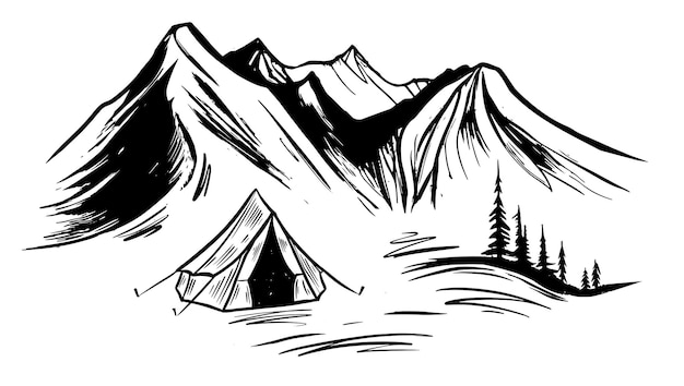 Camping, Mountain landscape, sketch style, vector illustrations.