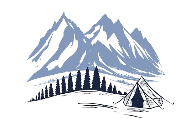 Camping, Mountain landscape, sketch style, vector illustrations.