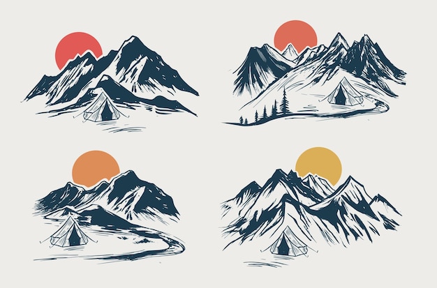 Camping, Mountain landscape, sketch style, vector illustrations.