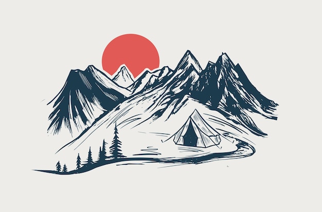 Camping, Mountain landscape, sketch style, vector illustrations.