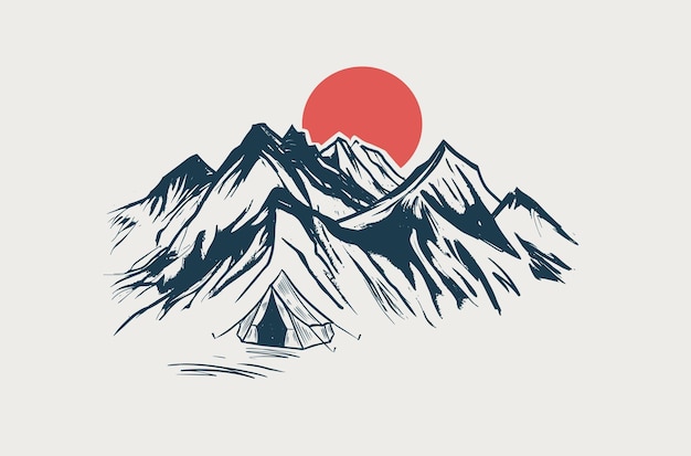 Camping, Mountain landscape, sketch style, vector illustrations.