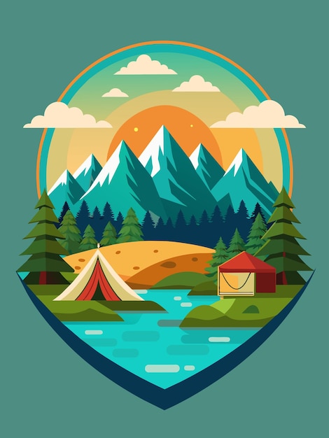 Camping in a Mountainous Landscape with a River and Sunset