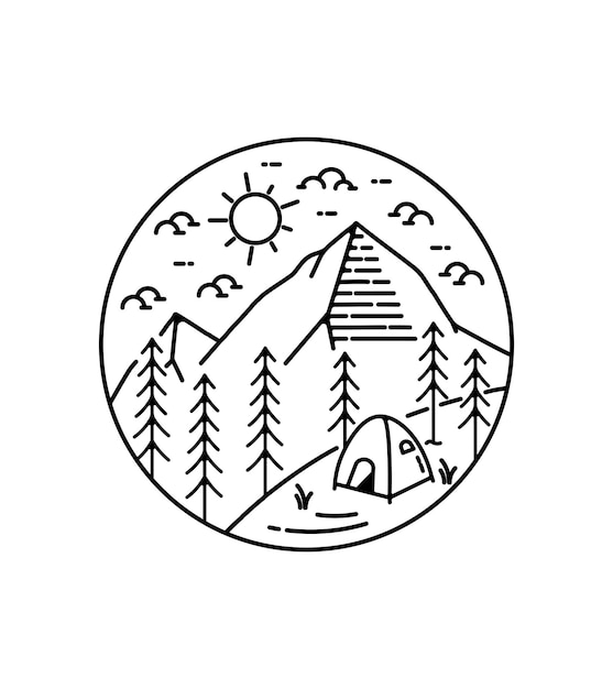 Camping under the mountains (day) in mono line art ,badge patch pin graphic illustration, vector art t-shirt design