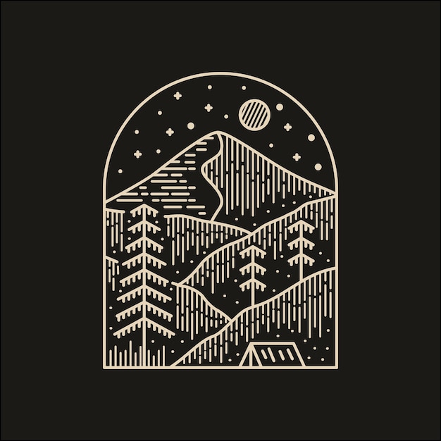 Camping in the mountains in mono line art design for badge patch tshirt design