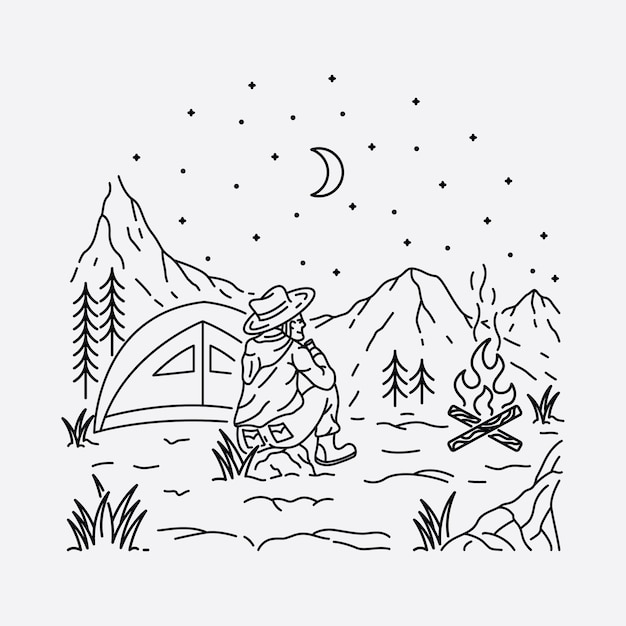 camping nature adventure wild line graphic illustration art t-shirt design