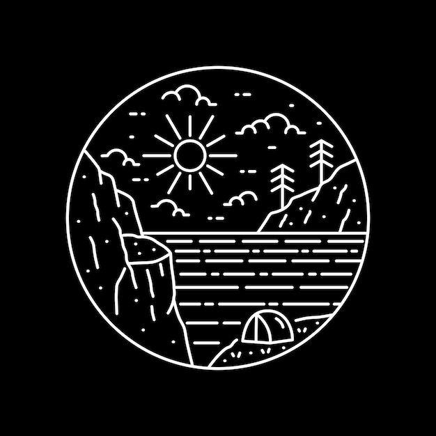 Camping nature on the lake with cliff and small island in mono line art patch badge design emblem design TShirt Design