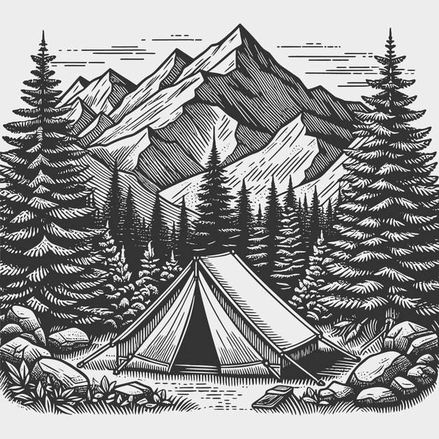 Vector camping in nature mountain forest landscape hand drawn illustrations