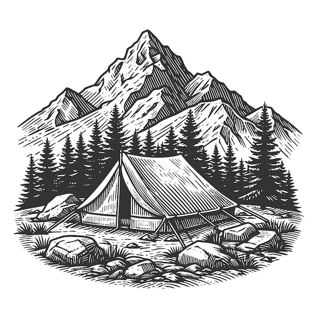 Vector camping in nature mountain forest landscape hand drawn illustrations