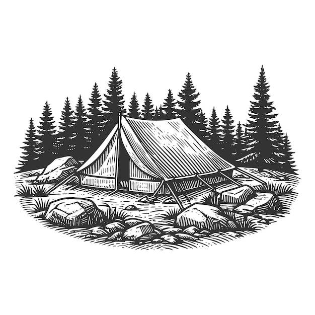 Vector camping in nature mountain forest landscape hand drawn illustrations