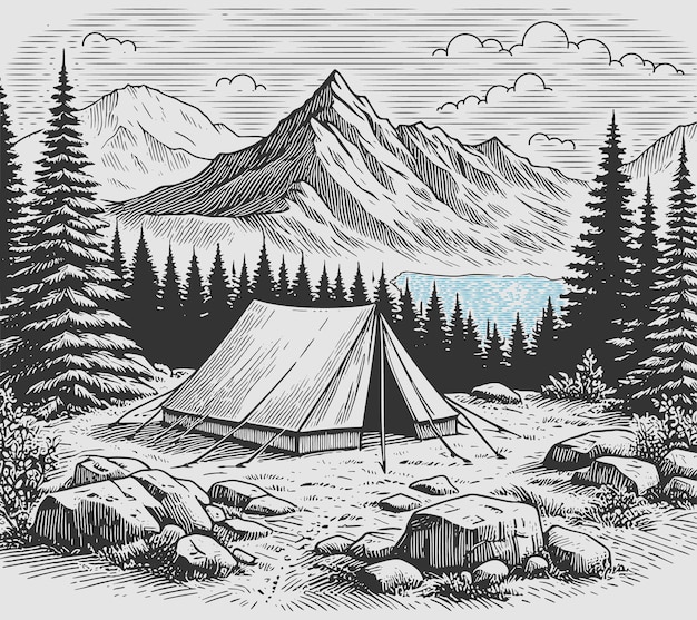 Vector camping in nature mountain forest landscape with lake hand drawn illustration