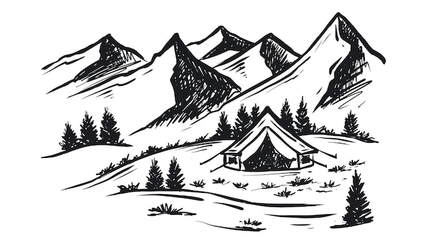 Camping in nature Mountain landscape sketch style vector illustrations