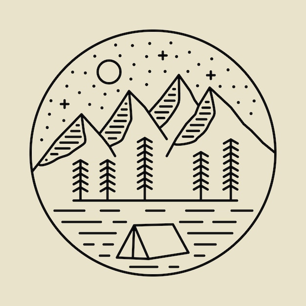 Camping nature at night mono line graphic illustration vector art tshirt design