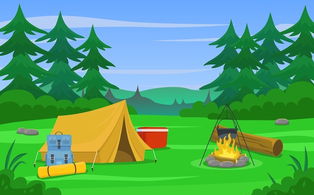 Camping in nature Rest in the forest with a tent Cooking food on a fire Accessories for traveling