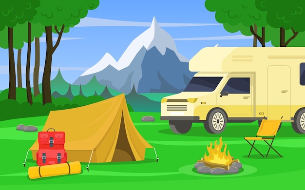 Camping in nature with a trailer Rest in the forest with a tent Accessories for traveling in natur