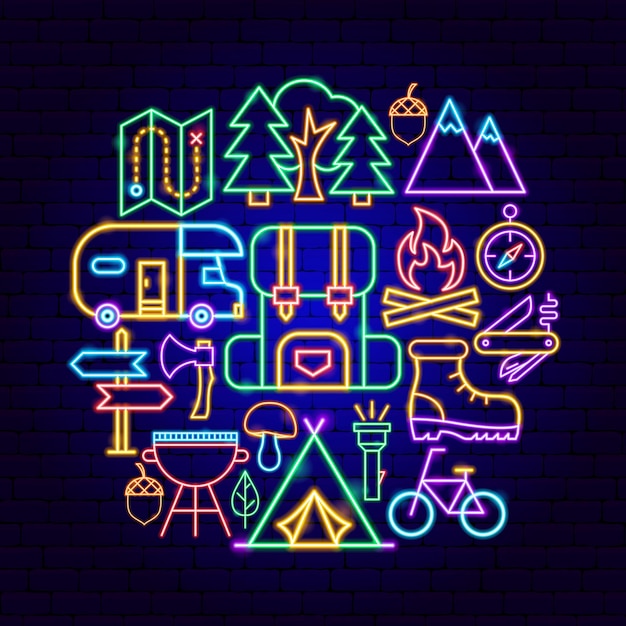 Camping Neon Concept. Vector Illustration of Outdoor Promotion.