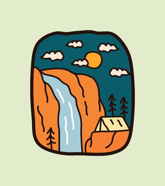 Camping on Niagara waterfall, adventure wild line badge patch pin emblem graphic illustration vector art t-shirt design