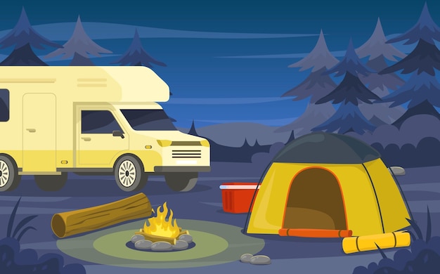 Camping at night in nature with a trailer Rest in the forest with a tent Accessories for traveling