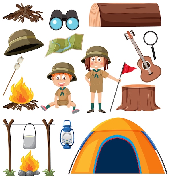 Camping objects and cartoon character set