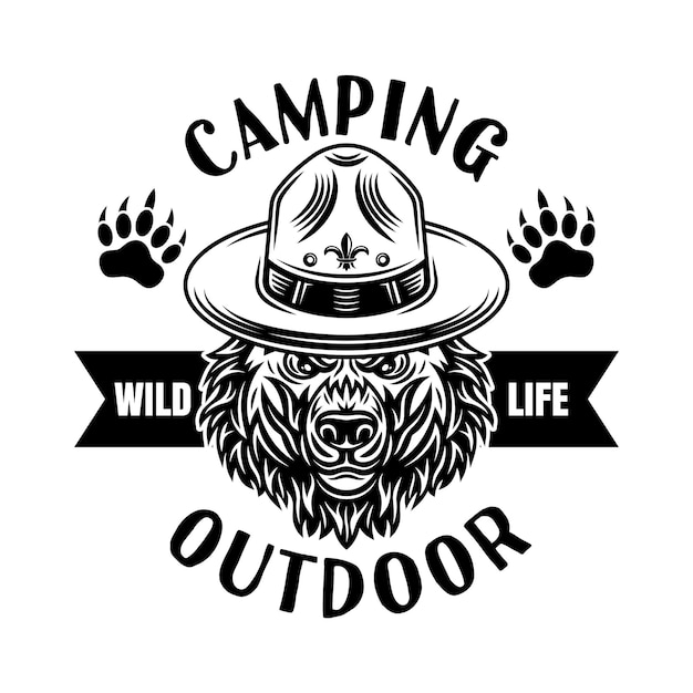 Camping and outdoor adventure vector emblem badge label or logo with grizzly bear in scout hat illustration in vintage monochrome style isolated on white background